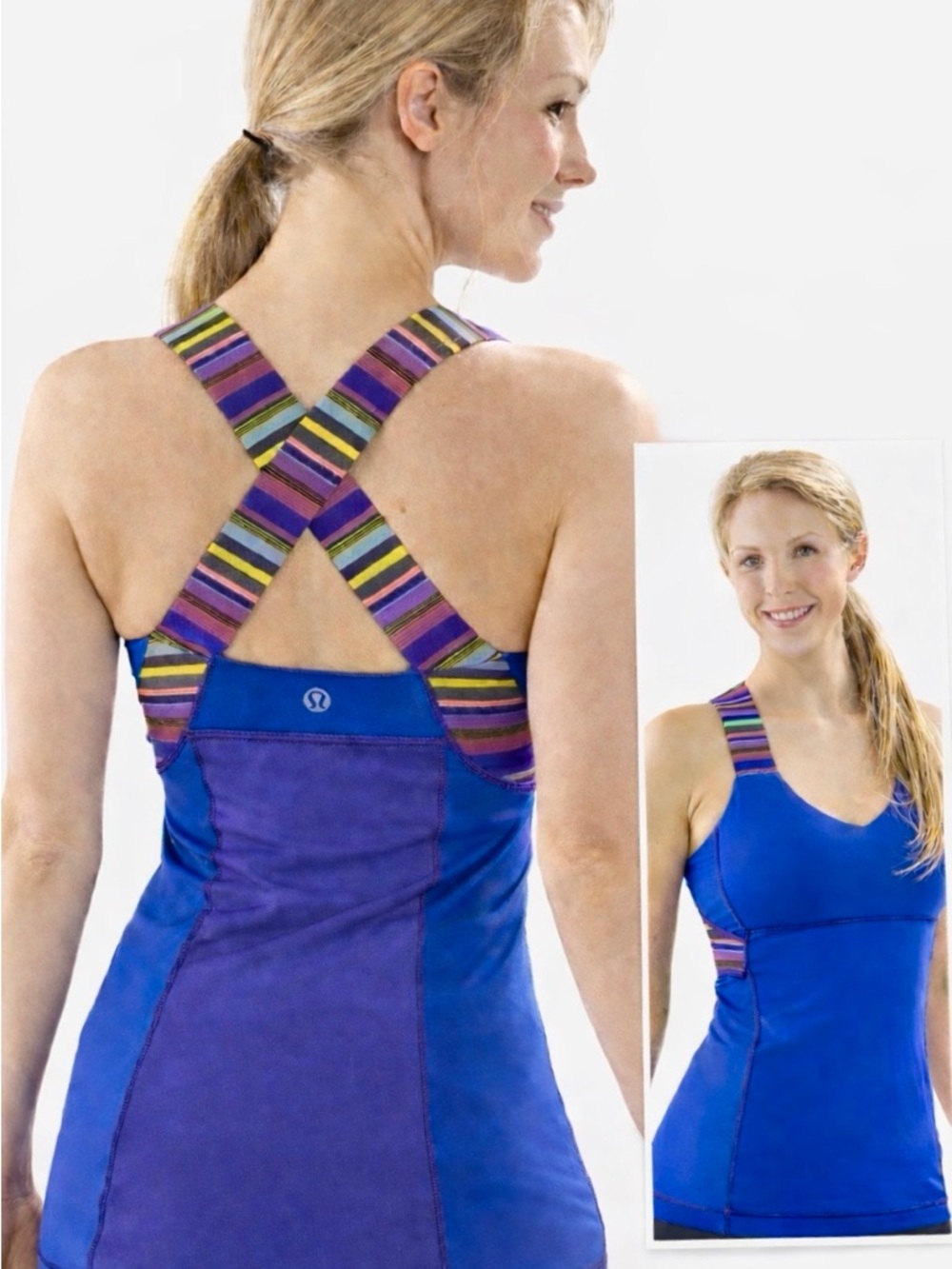 Lululemon Royal Blue Multi Colour Strappy Racerback Tank Built-In Bra Size 6
